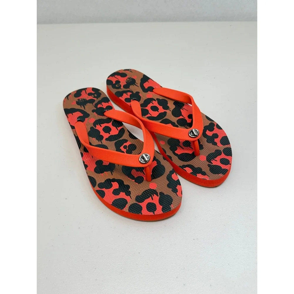 Coach Leopard Flip Flops Orange Red Black Turnlock Sandals 7 8
